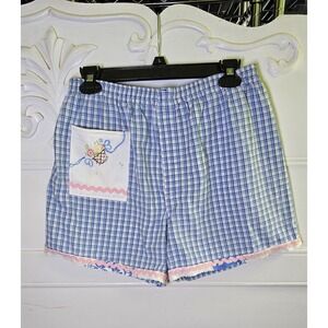 Upcycled Blue Plaid Womens Shorts Vintage Linens, Lace, Embroidery‎ M